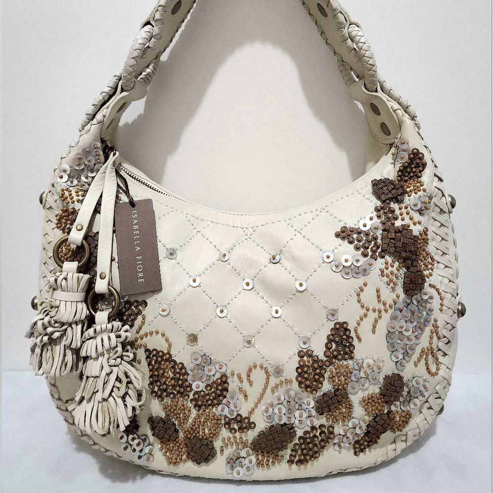 Isabella Fiore Leather Hobo Cream Embroidered Floral Beaded Boho Bag